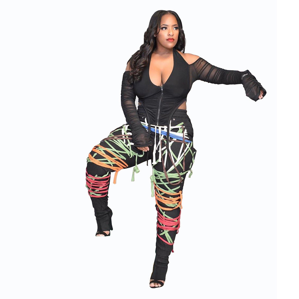 European American Women's Fashion Dark Belt Pants