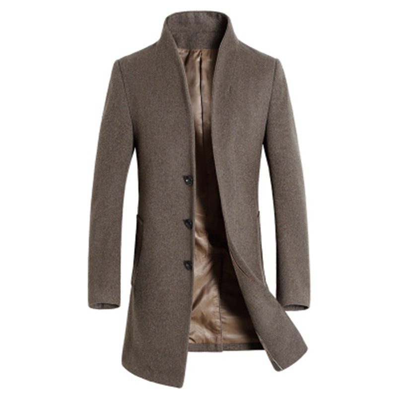 Men's Wool Blend Overcoat with Fashionable Monk Collar