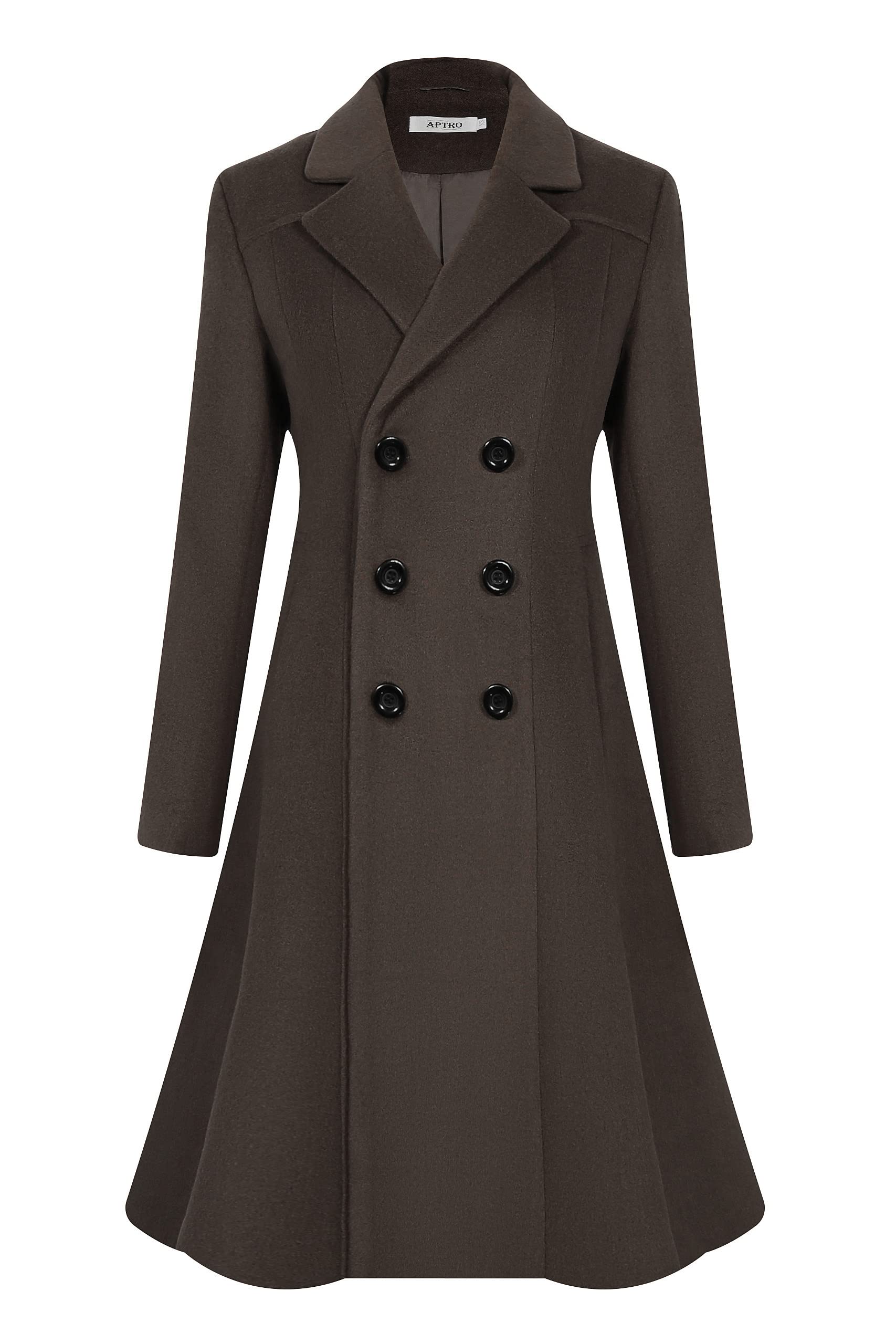 APTRO Womens Winter Dress Coats Wool Blend Double Breasted Long Peacoat Ws02 Brown 2X